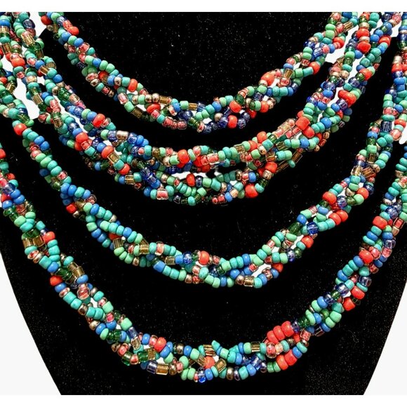 Beaded Layered Necklace Boho 5 Braided Multicolor Strands Beads Blue Silver Tone - Picture 3 of 8
